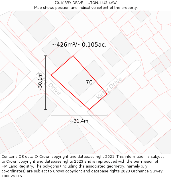 70, KIRBY DRIVE, LUTON, LU3 4AW: Plot and title map