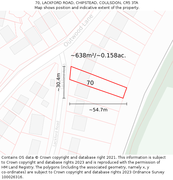 70, LACKFORD ROAD, CHIPSTEAD, COULSDON, CR5 3TA: Plot and title map