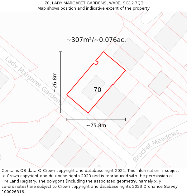 70, LADY MARGARET GARDENS, WARE, SG12 7QB: Plot and title map