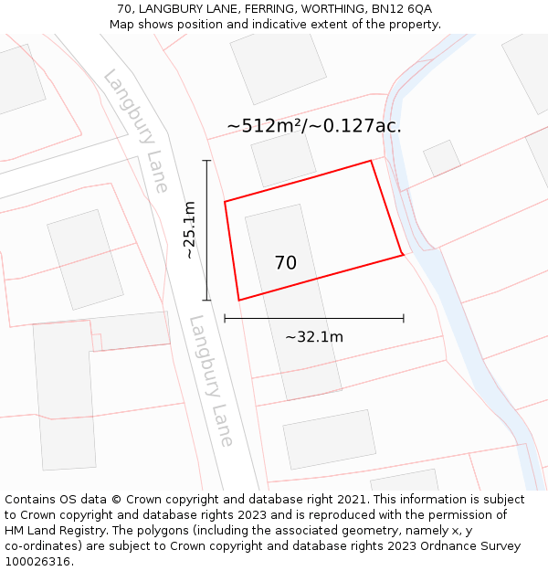70, LANGBURY LANE, FERRING, WORTHING, BN12 6QA: Plot and title map