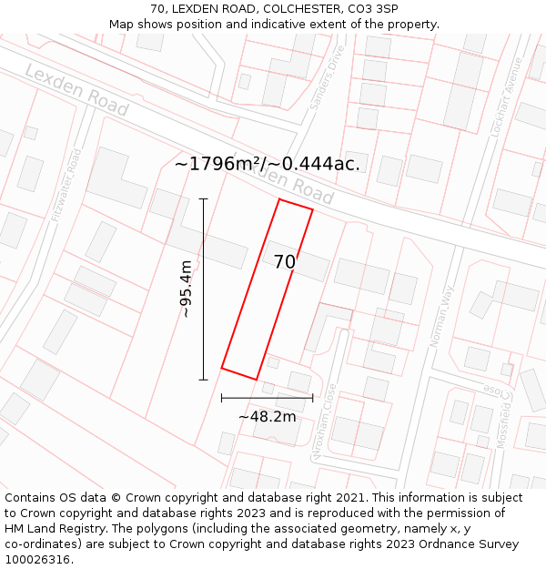 70, LEXDEN ROAD, COLCHESTER, CO3 3SP: Plot and title map