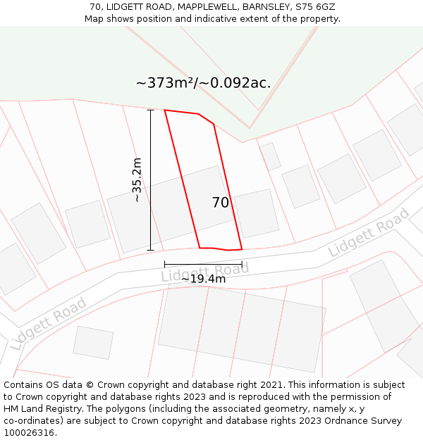 70, LIDGETT ROAD, MAPPLEWELL, BARNSLEY, S75 6GZ: Plot and title map