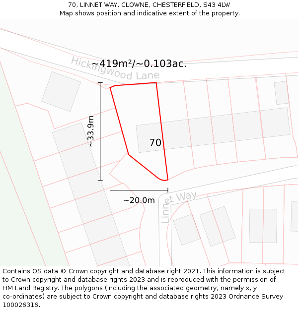70, LINNET WAY, CLOWNE, CHESTERFIELD, S43 4LW: Plot and title map