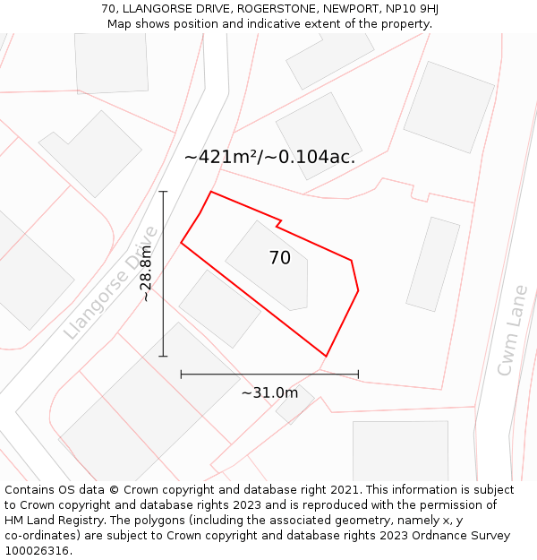 70, LLANGORSE DRIVE, ROGERSTONE, NEWPORT, NP10 9HJ: Plot and title map