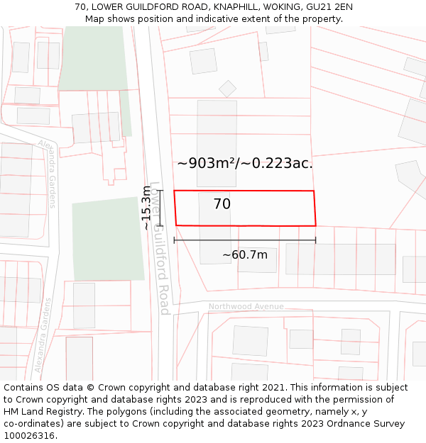 70, LOWER GUILDFORD ROAD, KNAPHILL, WOKING, GU21 2EN: Plot and title map