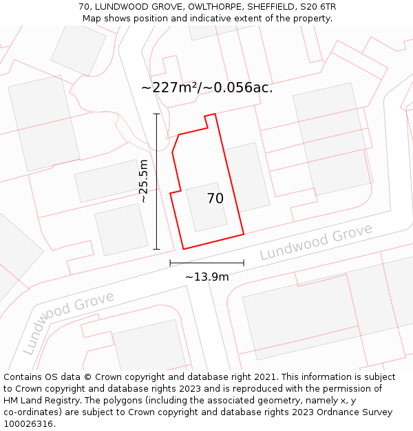 70, LUNDWOOD GROVE, OWLTHORPE, SHEFFIELD, S20 6TR: Plot and title map