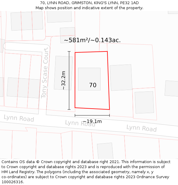 70, LYNN ROAD, GRIMSTON, KING'S LYNN, PE32 1AD: Plot and title map