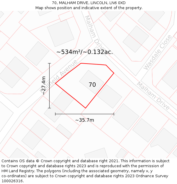 70, MALHAM DRIVE, LINCOLN, LN6 0XD: Plot and title map