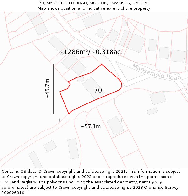 70, MANSELFIELD ROAD, MURTON, SWANSEA, SA3 3AP: Plot and title map