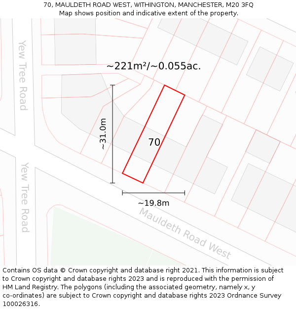 70, MAULDETH ROAD WEST, WITHINGTON, MANCHESTER, M20 3FQ: Plot and title map