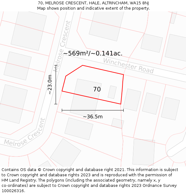 70, MELROSE CRESCENT, HALE, ALTRINCHAM, WA15 8NJ: Plot and title map