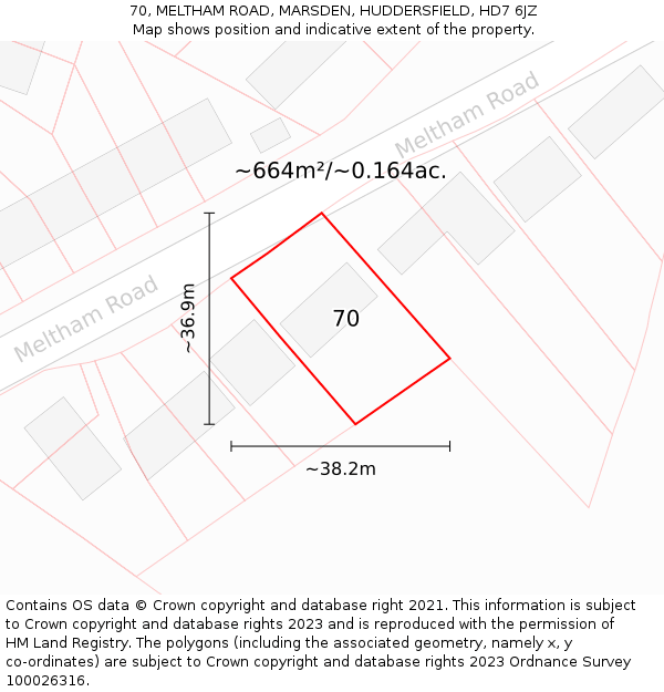 70, MELTHAM ROAD, MARSDEN, HUDDERSFIELD, HD7 6JZ: Plot and title map