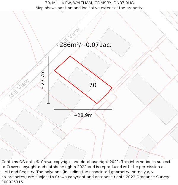 70, MILL VIEW, WALTHAM, GRIMSBY, DN37 0HG: Plot and title map