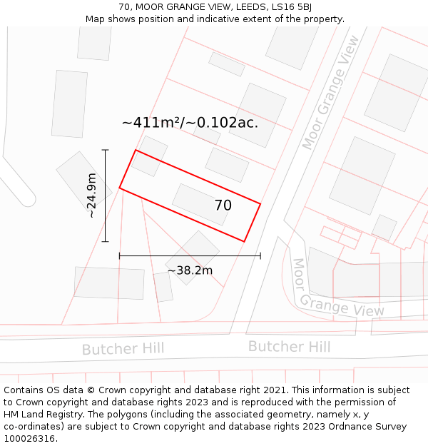 70, MOOR GRANGE VIEW, LEEDS, LS16 5BJ: Plot and title map