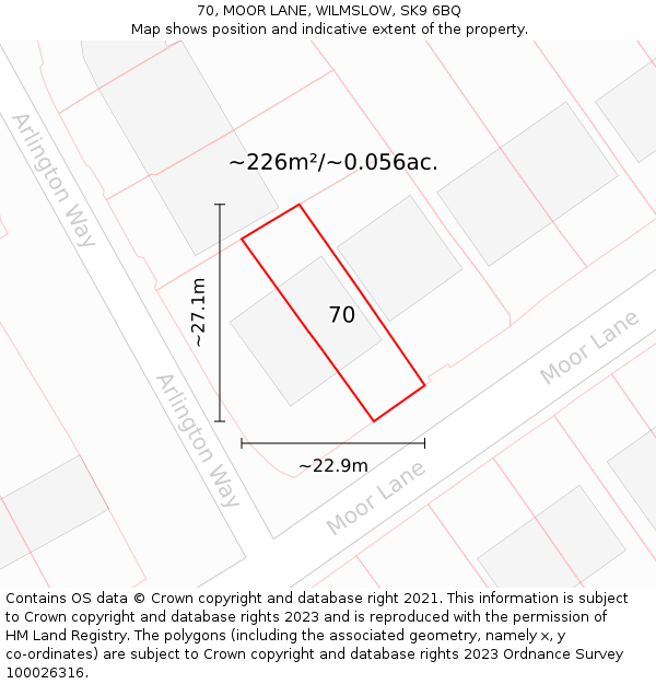 70, MOOR LANE, WILMSLOW, SK9 6BQ: Plot and title map