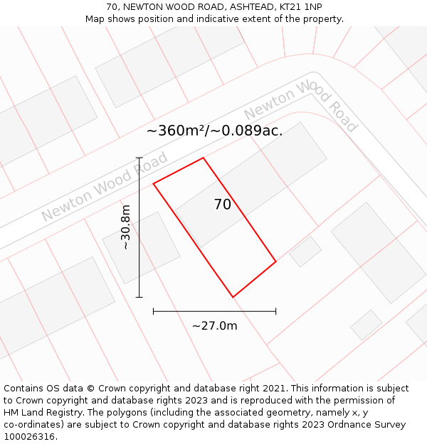 70, NEWTON WOOD ROAD, ASHTEAD, KT21 1NP: Plot and title map