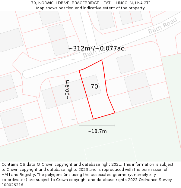 70, NORWICH DRIVE, BRACEBRIDGE HEATH, LINCOLN, LN4 2TF: Plot and title map