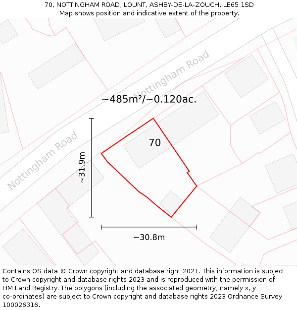 70, NOTTINGHAM ROAD, LOUNT, ASHBY-DE-LA-ZOUCH, LE65 1SD: Plot and title map