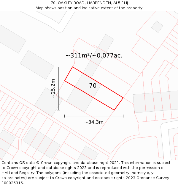 70, OAKLEY ROAD, HARPENDEN, AL5 1HJ: Plot and title map