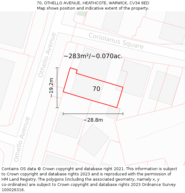 70, OTHELLO AVENUE, HEATHCOTE, WARWICK, CV34 6ED: Plot and title map