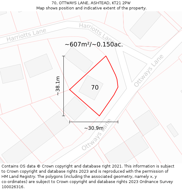 70, OTTWAYS LANE, ASHTEAD, KT21 2PW: Plot and title map
