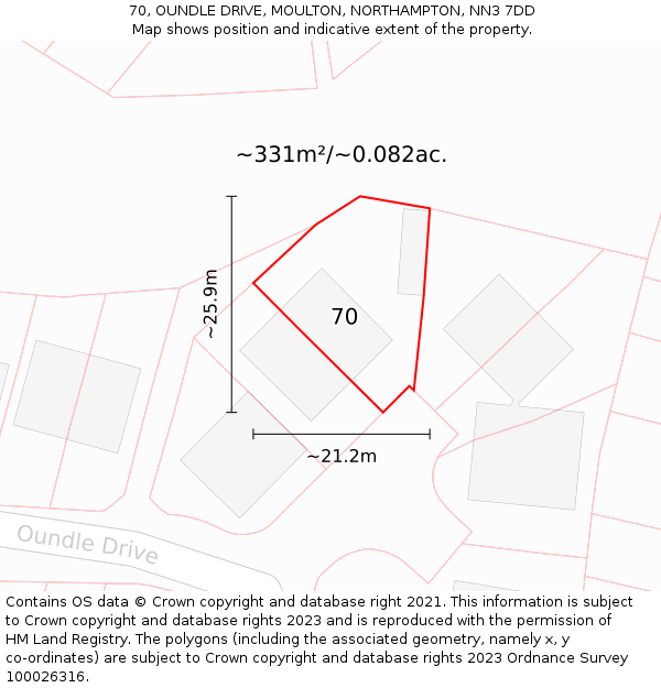 70, OUNDLE DRIVE, MOULTON, NORTHAMPTON, NN3 7DD: Plot and title map