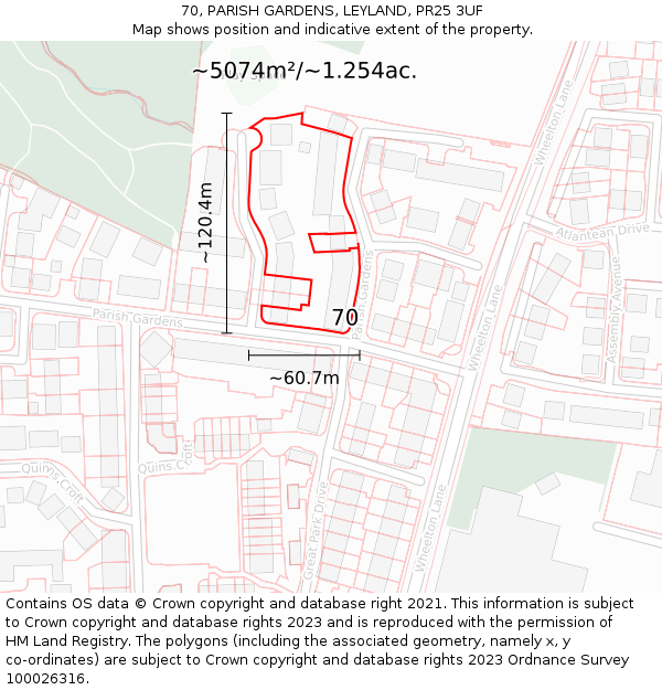 70, PARISH GARDENS, LEYLAND, PR25 3UF: Plot and title map