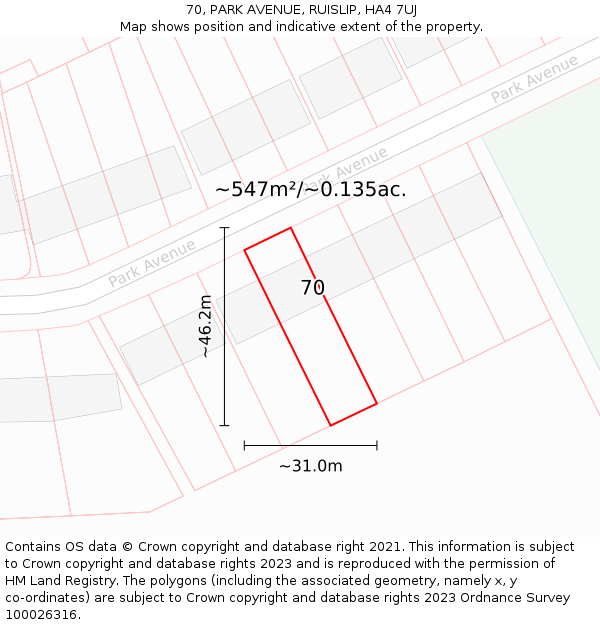 70, PARK AVENUE, RUISLIP, HA4 7UJ: Plot and title map