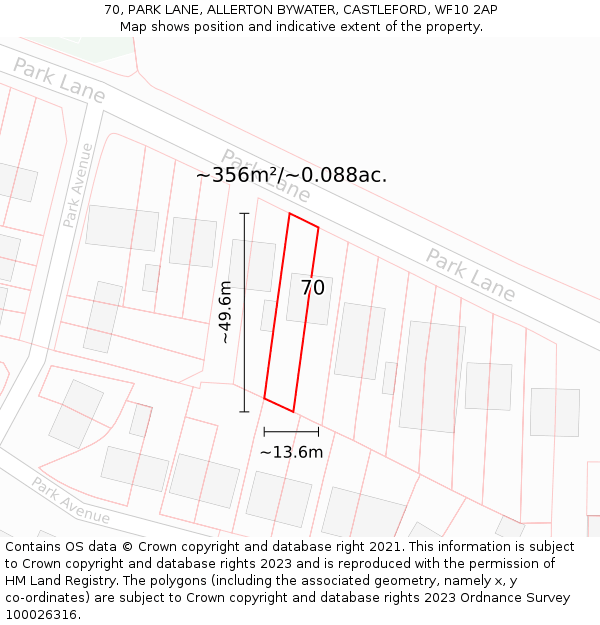 70, PARK LANE, ALLERTON BYWATER, CASTLEFORD, WF10 2AP: Plot and title map