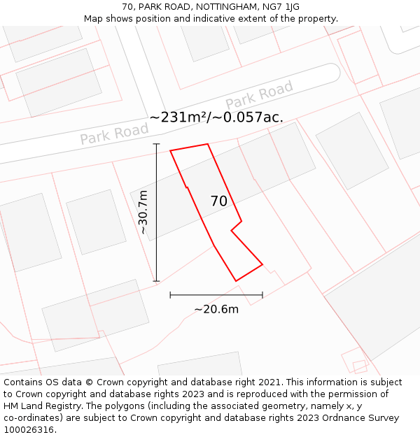 70, PARK ROAD, NOTTINGHAM, NG7 1JG: Plot and title map