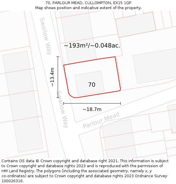 70, PARLOUR MEAD, CULLOMPTON, EX15 1GP: Plot and title map