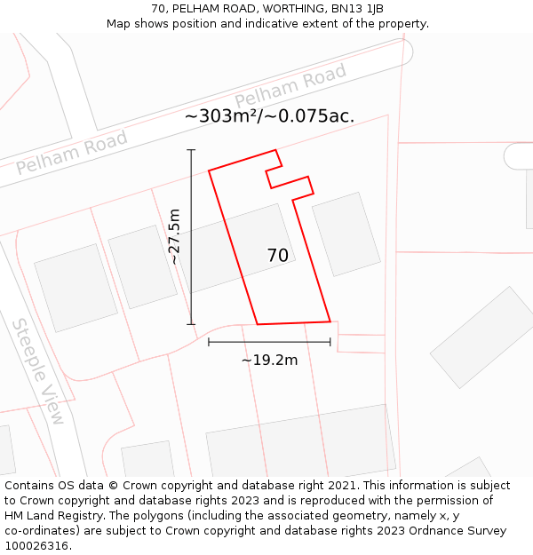 70, PELHAM ROAD, WORTHING, BN13 1JB: Plot and title map