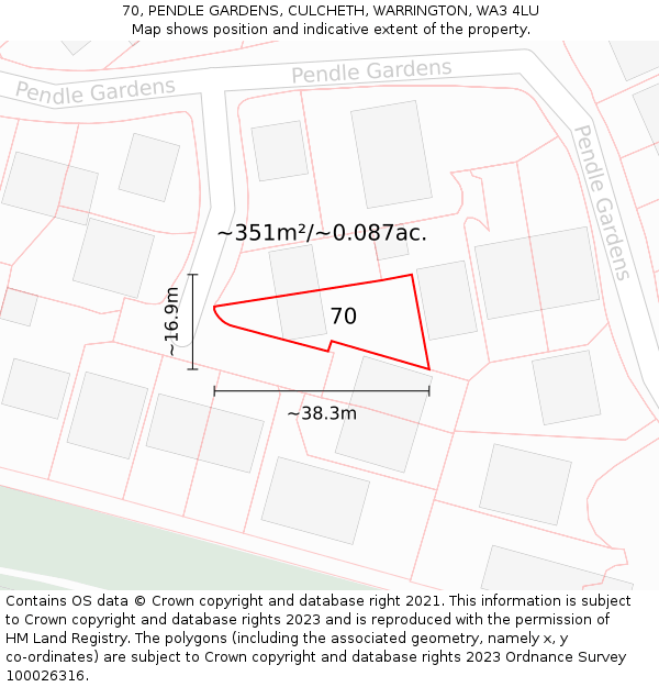 70, PENDLE GARDENS, CULCHETH, WARRINGTON, WA3 4LU: Plot and title map