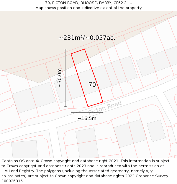 70, PICTON ROAD, RHOOSE, BARRY, CF62 3HU: Plot and title map