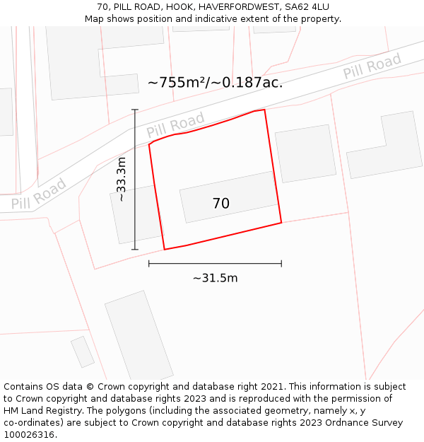 70, PILL ROAD, HOOK, HAVERFORDWEST, SA62 4LU: Plot and title map