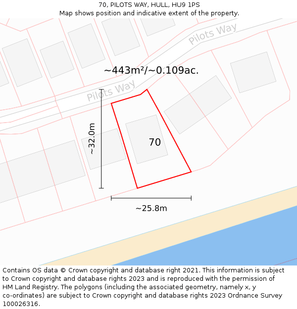 70, PILOTS WAY, HULL, HU9 1PS: Plot and title map