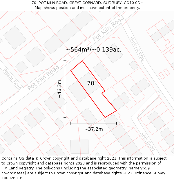 70, POT KILN ROAD, GREAT CORNARD, SUDBURY, CO10 0DH: Plot and title map