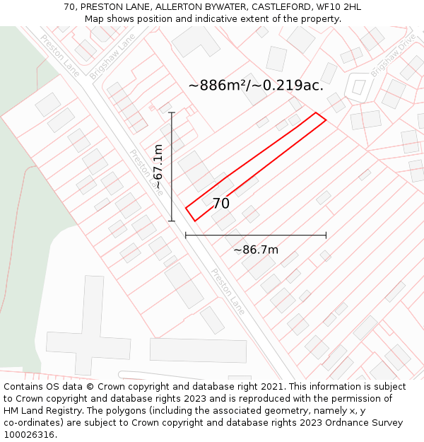 70, PRESTON LANE, ALLERTON BYWATER, CASTLEFORD, WF10 2HL: Plot and title map
