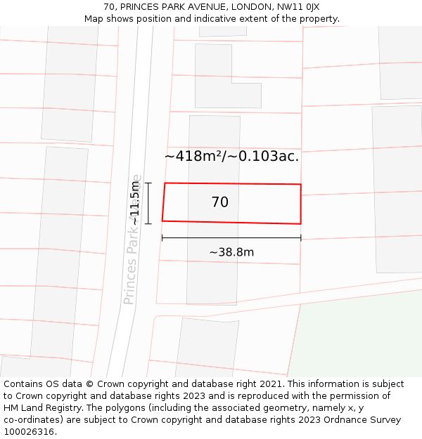 70, PRINCES PARK AVENUE, LONDON, NW11 0JX: Plot and title map