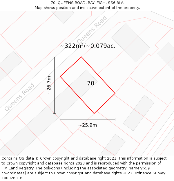 70, QUEENS ROAD, RAYLEIGH, SS6 8LA: Plot and title map