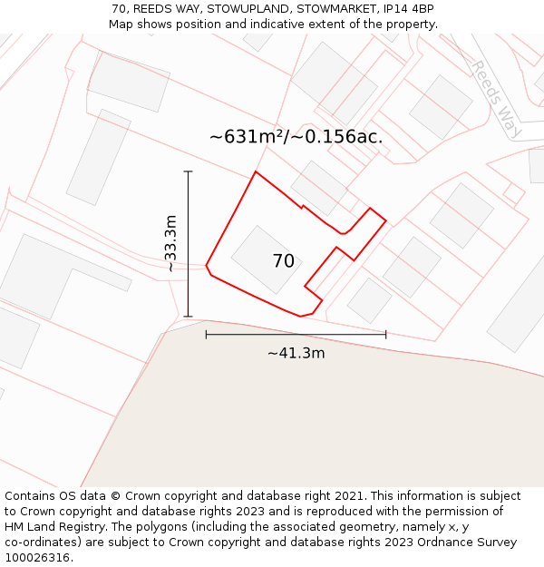 70, REEDS WAY, STOWUPLAND, STOWMARKET, IP14 4BP: Plot and title map