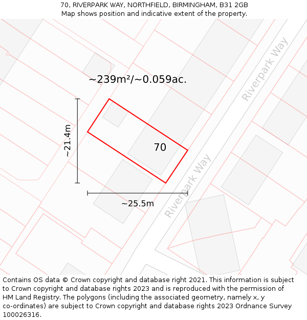 70, RIVERPARK WAY, NORTHFIELD, BIRMINGHAM, B31 2GB: Plot and title map