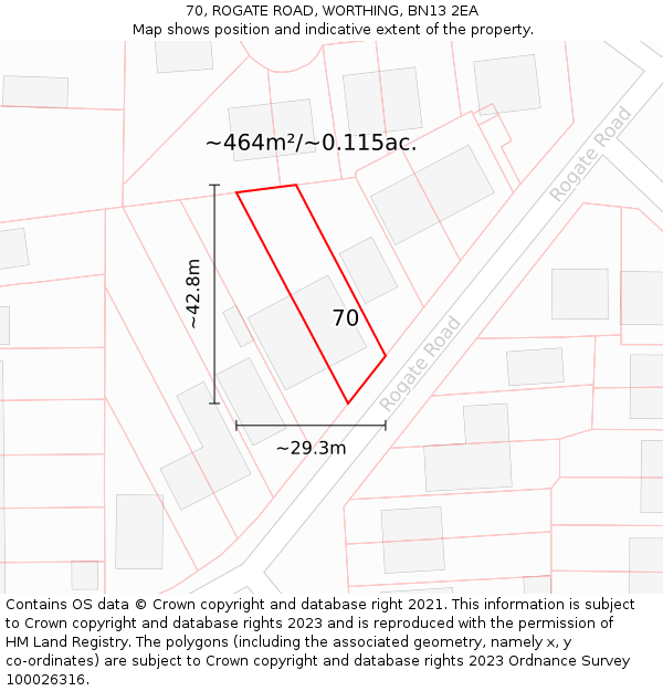 70, ROGATE ROAD, WORTHING, BN13 2EA: Plot and title map