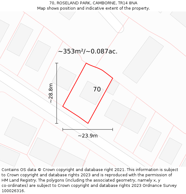 70, ROSELAND PARK, CAMBORNE, TR14 8NA: Plot and title map