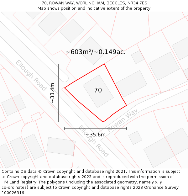 70, ROWAN WAY, WORLINGHAM, BECCLES, NR34 7ES: Plot and title map