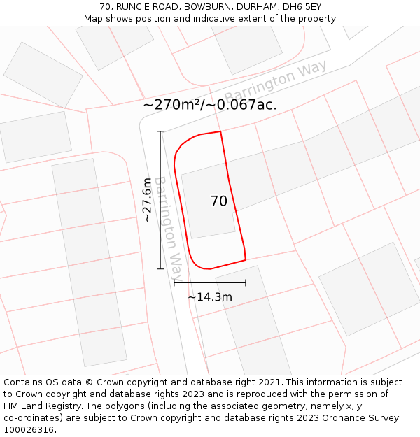 70, RUNCIE ROAD, BOWBURN, DURHAM, DH6 5EY: Plot and title map