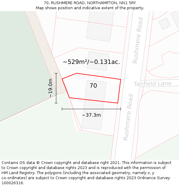 70, RUSHMERE ROAD, NORTHAMPTON, NN1 5RY: Plot and title map