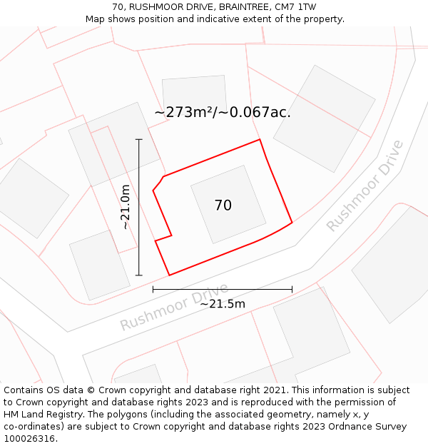 70, RUSHMOOR DRIVE, BRAINTREE, CM7 1TW: Plot and title map