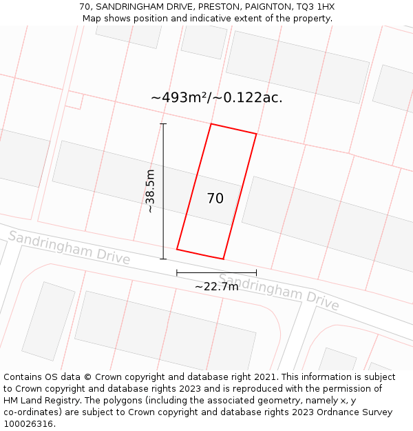 70, SANDRINGHAM DRIVE, PRESTON, PAIGNTON, TQ3 1HX: Plot and title map
