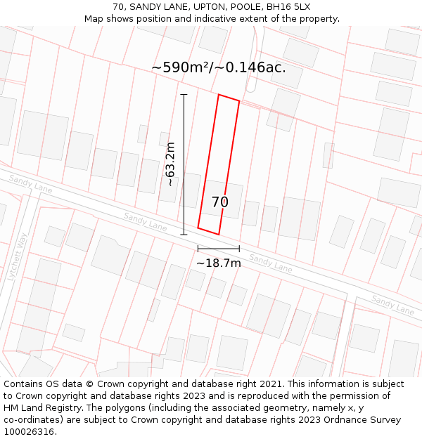 70, SANDY LANE, UPTON, POOLE, BH16 5LX: Plot and title map